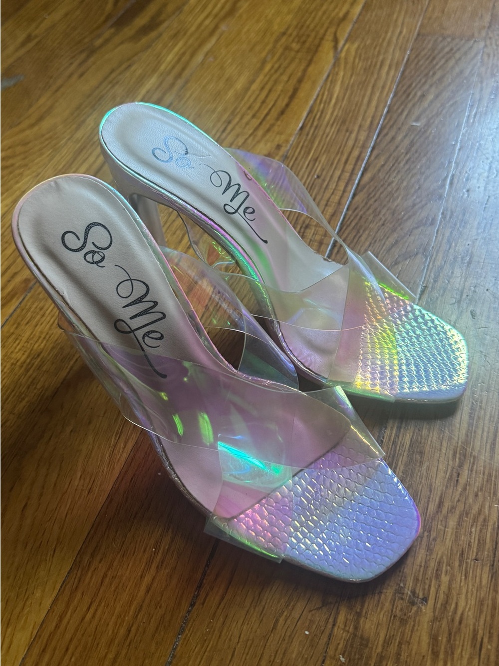 So Me Iridescent Holographic Clear-Strap Heels - Pink/Green Shift